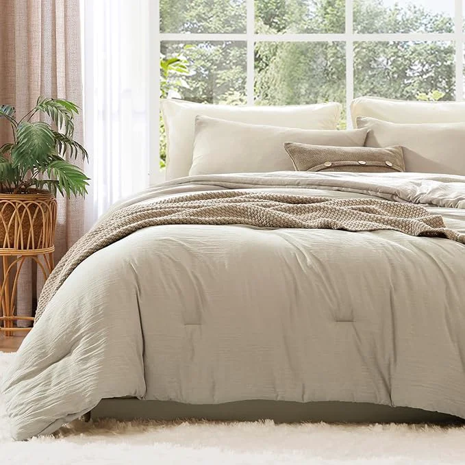 Official WRENSONGE King Size Comforter Set – 3 Pieces Light Oatmeal Comforter Prewashed Soft Lightweight for All Seasons Fluffy Down Comforter King Size with 2 Pillow Shams Efficient