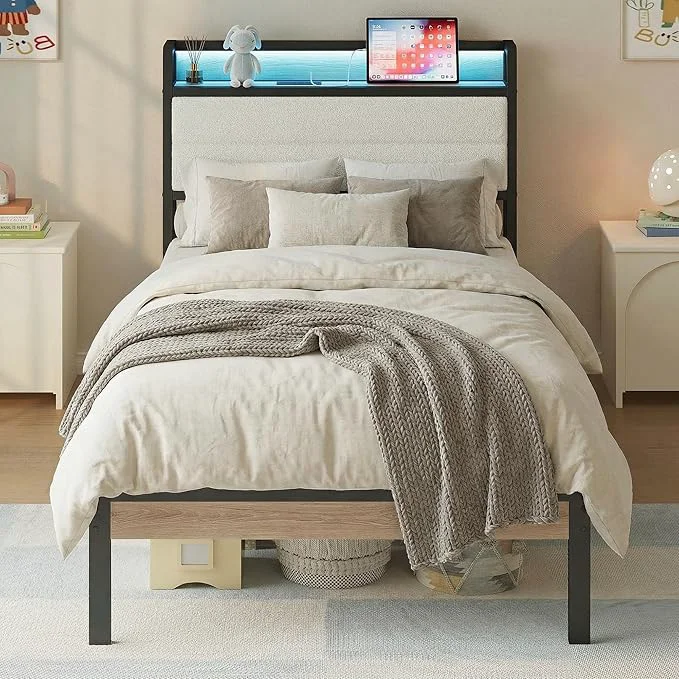 Enhanced LIKIMIO Twin Bed Frame with Storage Headboard amp LED Lights Metal Platform Bed with Charging Station Noise No Box Spring Needed Under Bed Storage Natural and Cream Recyclable