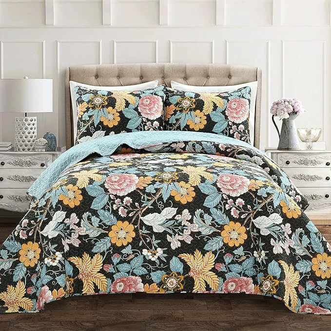 Specialty Lush Decor Sydney Reversible Cotton Quilt Set 3 Piece Set Full Queen Black amp Blue – Cotton Bedding Set – Black Floral Quilt – Cottage Decor – Bedding Queen Size Trusted