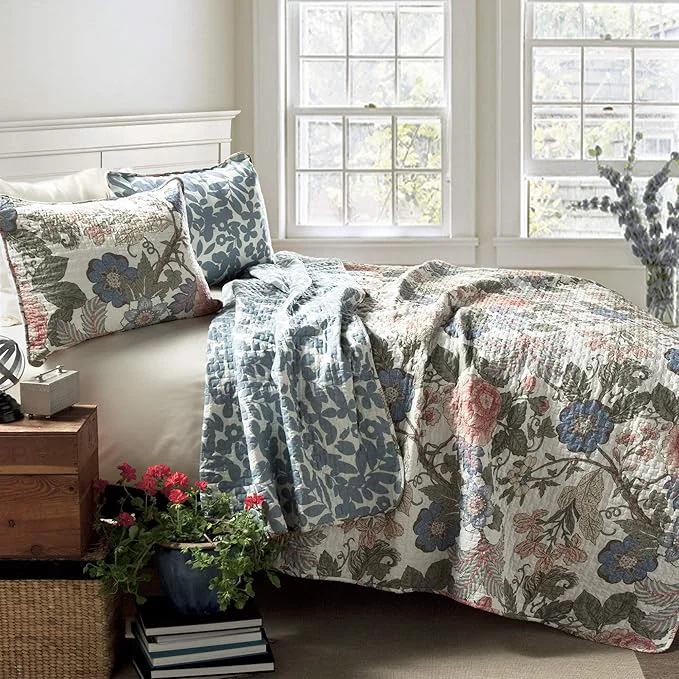 Elegant Lush Decor Sydney Reversible Cotton Quilt Set 3 Piece Set Full Queen Green amp Blue – Cotton Bedding Set – Blue Floral Quilt – Cottage Decor – Bedding Queen Size Advanced