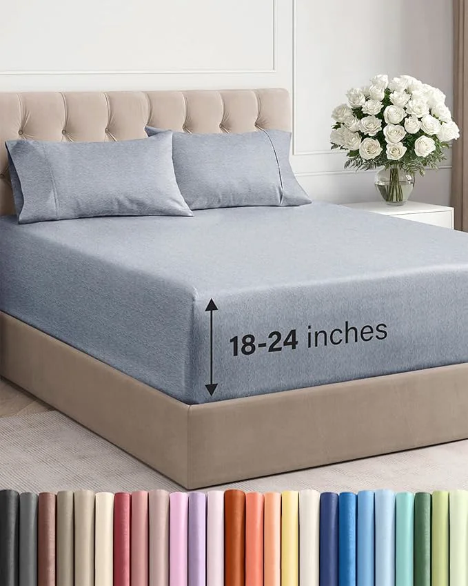 Artisan Extra Deep Twin XL Sheet Set – 4 Piece Breathable and Cooling Sheets – Hotel Luxury Bedding for Women Men Kids amp Teens – Easy Secure Fit – Soft amp Wrinkle – Extra Deep Pockets – Heathered Blue