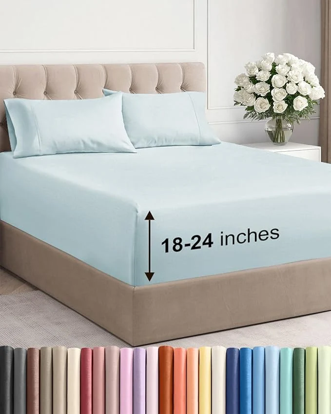 Eco-Friendly Extra Deep Twin Sheet Set – 4 Piece Breathable and Cooling Sheets – Hotel Luxury Bedding for Women Men Kids amp Teens – Easy amp Secure Fit – Soft Wrinkle and Comfy – Extra Deep Pockets – Ice Blue First-Class