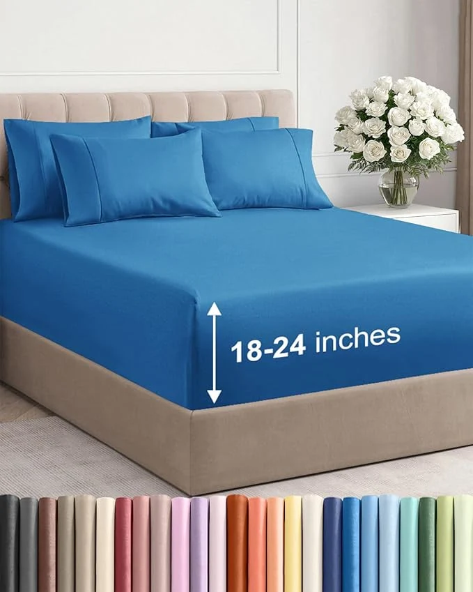 Enhanced Extra Deep Cal King Sheet Set – 6 Piece Breathable and Cooling Sheets – Hotel Luxury Bedding for Women Men Kids amp Teens – Easy amp Secure Fit – Soft and Wrinkle – Extra Deep Pockets – Denim Blue Sustainable