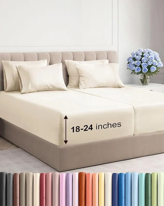 Powerful Extra Deep Split King Sheet Set – 7 Piece Breathable and Cooling Sheets – Hotel Luxury Bedding for Women Men Kids amp Teens – Easy Secure Fit – Soft and Wrinkle – Extra Deep Pockets – Off White Reliable