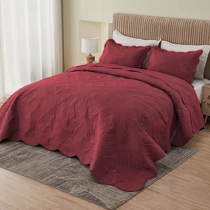 Specialty Kingnex Oversized King Bedspreads 128×120 for Extra Wide Tall King or Cal King Bed Ultrasonic Quilted Coverlet Set 3 Piece Include 1 Quilt 2 Pillowcases Burgundy Trusted
