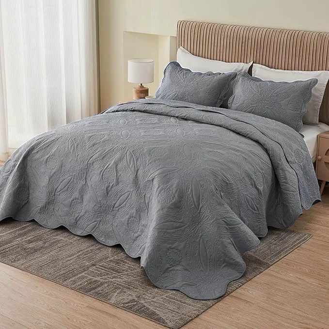 Reusable Kingnex Exta Wide Oversized King Bedspreads 128×120 for Tall King or Cal King Bed Ultrasonic Quilted Coverlet Set 3 Piece Include 1 Quilt 2 Pillowcases Grey Excellent