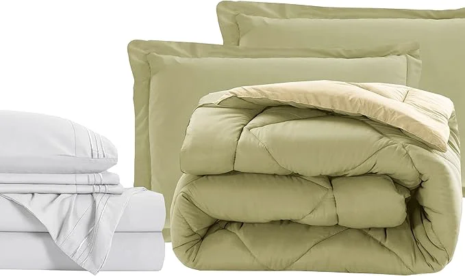 Pure Elegant Comfort 7-Piece Twin XL Size Bed-in-a-Bag – Luxury 1500 Thread Count Comforter amp Sheet Set Super Cozy Wrinkle and Stain Resistant Sage Cream Trendy