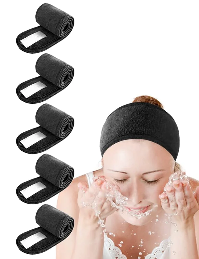 Certified EUICAE Spa Headband 5-Pack Black Sweat Head Towel Wraps Durable