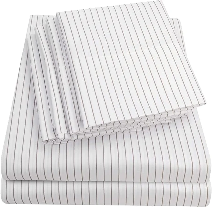 Pure Full Size Bed Sheets – 6 Piece 1500 Supreme Collection Fine Brushed Microfiber Deep Pocket Full Sheet Set Bedding – 2 Extra Pillow Cases Great Value Full Pinstripe White First-Class