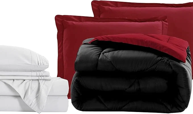 First-Class Elegant Comfort 7-Piece Bed-in-a-Bag – Luxury 1500 Thread Count Cal King Size Cozy Bed Sheets and Comforter Set Wrinkle and Stain Resistant Black Burgundy Easy-to-Use