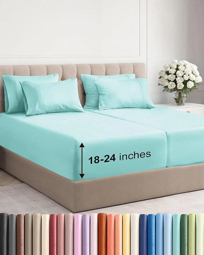 Trendy Extra Deep Split King Sheet Set – 7 Piece Breathable and Cooling Sheets – Hotel Luxury Bedding for Women Men Kids amp Teens – Easy amp Secure Fit – Soft and Wrinkle – Extra Deep Pockets – Spa Blue Quality