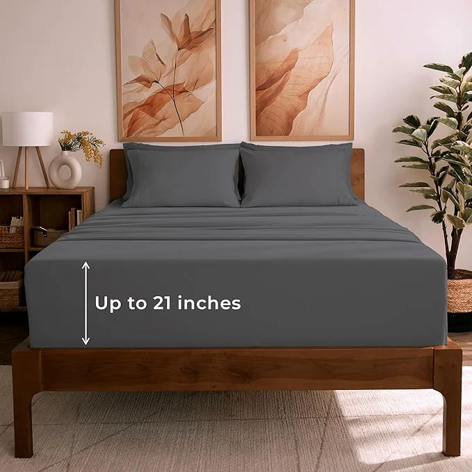 Solid Mellanni Full Sheet Set – 6-Piece Iconic Collection Bedding Including 4 Pillowcases 21-Inch Extra Deep Pocket Easy Care Ultra Soft Cooling Sheets Brushed Microfiber – Gray Fast