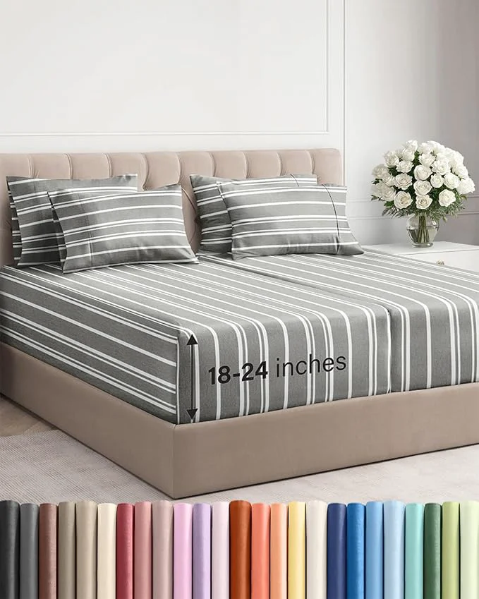 World-Class Extra Deep Split King Sheet Set – 7 Piece Breathable and Cooling Sheets – Hotel Luxury Bedding for Women Men Kids amp Teens – Secure Fit – Soft and Wrinkle with Extra Deep Pockets – Grey Stripes Clean
