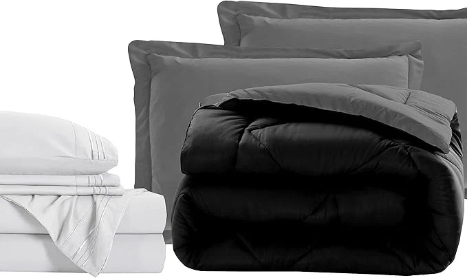 Versatile Elegant Comfort 7-Piece Bed-in-a-Bag – Luxury 1500 Thread Count Queen Size Super Cozy Sheets amp Comforter Set Wrinkle amp Stain Resistant Black Gray Environmentally Friendly
