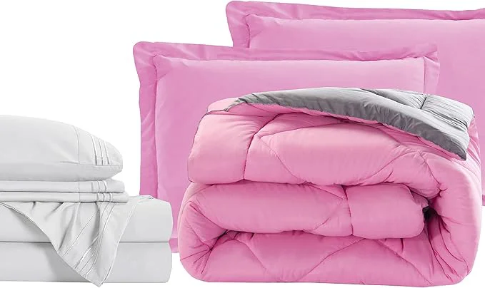 Pure Elegant Comfort 7-Piece King Size Bed-in-a-Bag – Luxury 1500 Thread Count Comforter amp Sheet Set Super Cozy Wrinkle and Stain Resistant Pink Gray Reusable