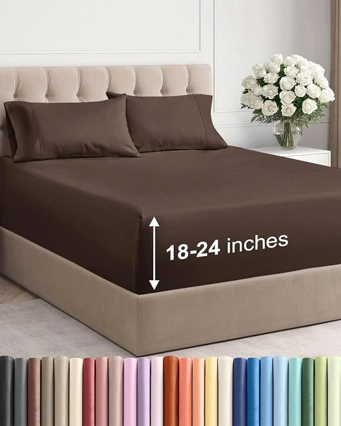 Solid Extra Deep Twin Sheet Set – 4 Piece Breathable and Cooling Sheets – Hotel Luxury Bedding for Women Men Kids amp Teens – Easy amp Secure Fit – Soft Wrinkle and Comfy – Extra Deep Pockets – Brown Elite