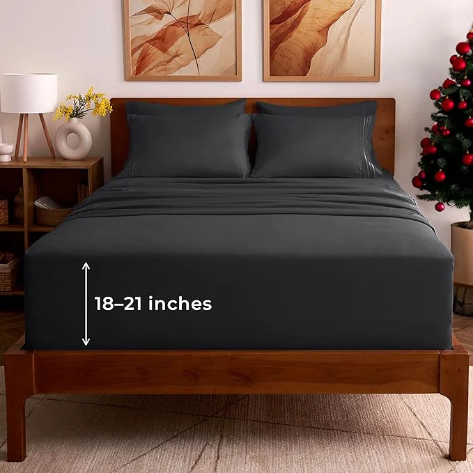 Verified Mellanni Queen Sheet Set – 6-Piece Iconic Collection Bedding Including 4 Pillowcases 21-Inch Extra Deep Pocket Easy Care Ultra Soft Cooling Sheets Brushed Microfiber – Black Sophisticated