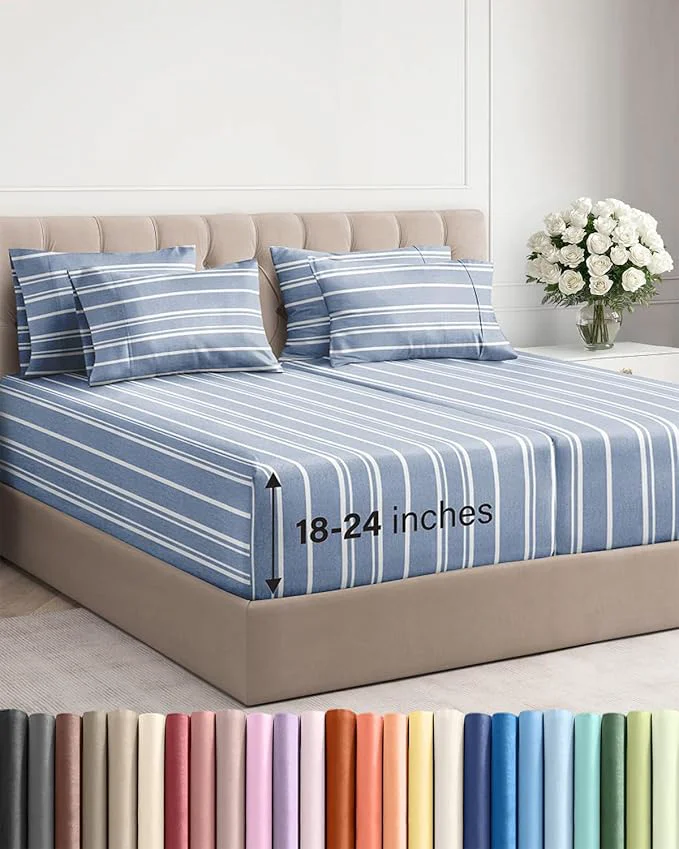 Advanced Extra Deep Split King Sheet Set – 7 Piece Breathable and Cooling Sheets – Hotel Luxury Bedding for Women Men Kids amp Teens – Secure Fit – Soft and Wrinkle with Extra Deep Pockets – Blue Stripes Sustainable