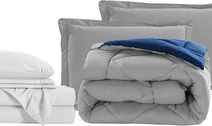 Stylish Elegant Comfort 7-Piece Bed-in-a-Bag Comforter amp Sheet Set- Luxury 1500 Thread Count 7-Piece Twin Size Bed-in-a-Bag Super Cozy Bed Sheets and Comforter Set Wrinkle and Stain Resistant Silver Navy Fine Crafted