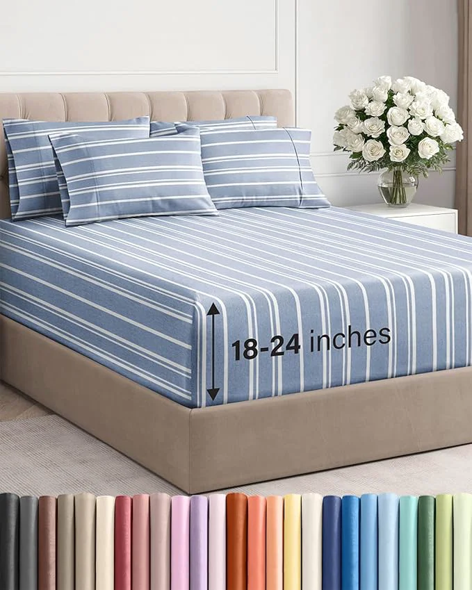 Lightweight Extra Deep Full Sheet Set – 6 Piece Breathable and Cooling Sheets – Hotel Luxury Bedding for Women Men Kids amp Teens – Easy amp Secure Fit – Soft and Wrinkle – Extra Deep Pockets – Blue Stripes High-Performance