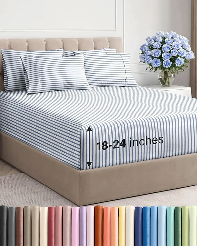 Superior Extra Deep Queen Sheet Set – 6 Piece Breathable and Cooling Sheets – Hotel Luxury Bedding for Women Men Kids amp Teens – Easy Secure Fit – Soft and Wrinkle with Extra Deep Pockets – Blue Stripes Durable
