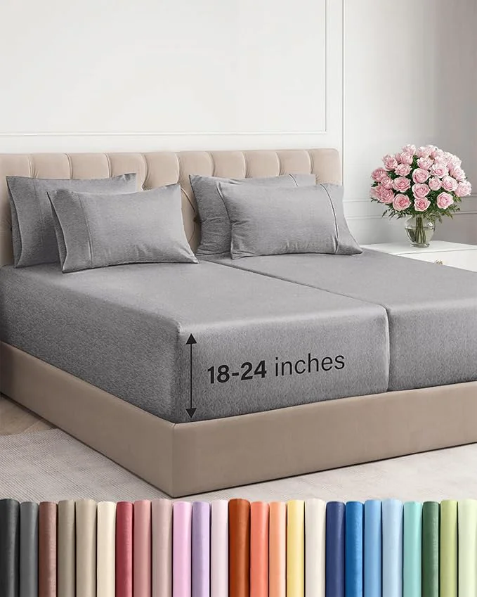 Natural Extra Deep Split King Sheet Set – 7 Piece Breathable and Cooling Sheets – Hotel Luxury Bedding for Women Men Kids amp Teens – Secure Fit – Soft and Wrinkle – Extra Deep Pockets – Heathered Grey Clean