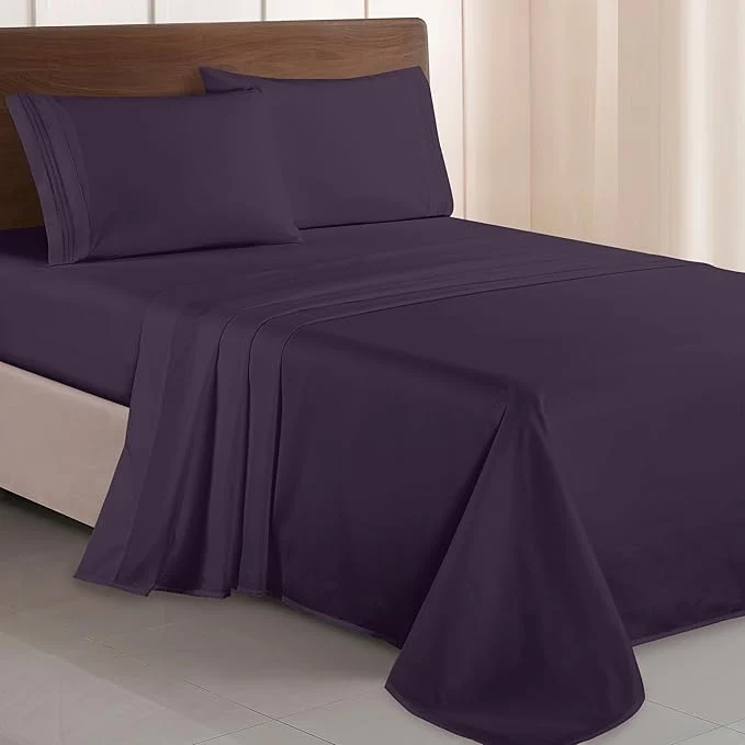 Elegant Comfort Luxurious 1500 Premium Hotel Quality Microfiber Three Line Embroidered Softest 4-Piece Bed Sheet Set Wrinkle and Fade Resistant Full Eggplant-Purple High-Quality