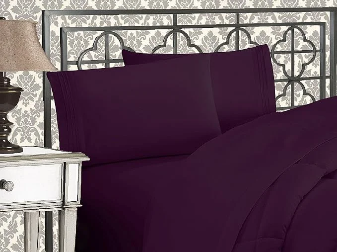 High-Performance Elegant Comfort Luxurious 1500 Premium Hotel Quality Microfiber Three Line Embroidered Softest 4-Piece Bed Sheet Set Wrinkle and Fade Resistant California King Eggplant-Purple Artisan