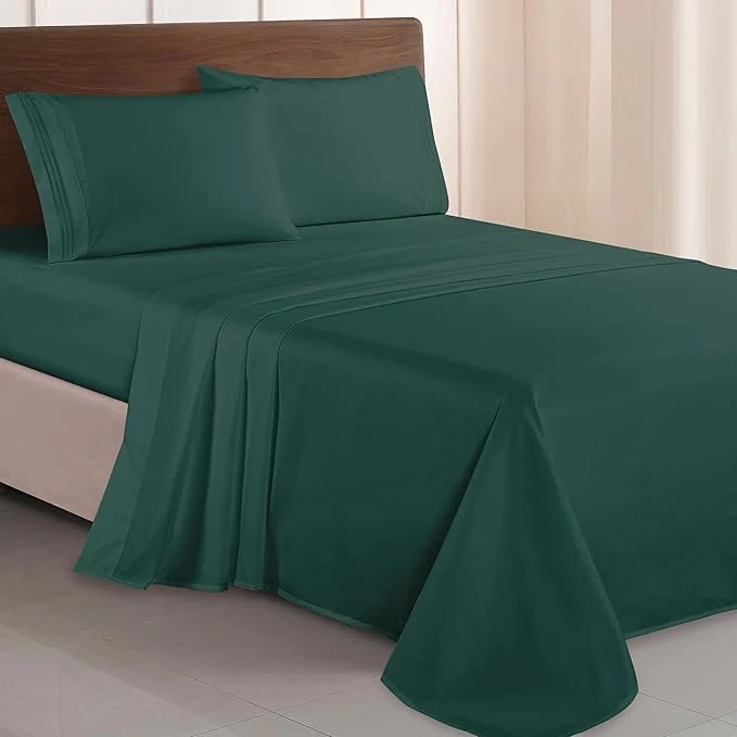 Fine Elegant Comfort Luxurious 1500 Premium Hotel Quality Microfiber Three Line Embroidered Softest 4-Piece Bed Sheet Set Wrinkle and Fade Resistant King Hunter Green Specialty