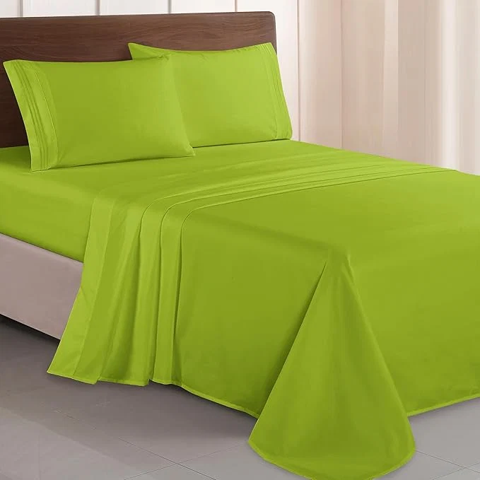 Versatile Elegant Comfort Luxurious 1500 Premium Hotel Quality Microfiber Three Line Embroidered Softest 4-Piece Bed Sheet Set Wrinkle and Fade Resistant Full Lime Organic