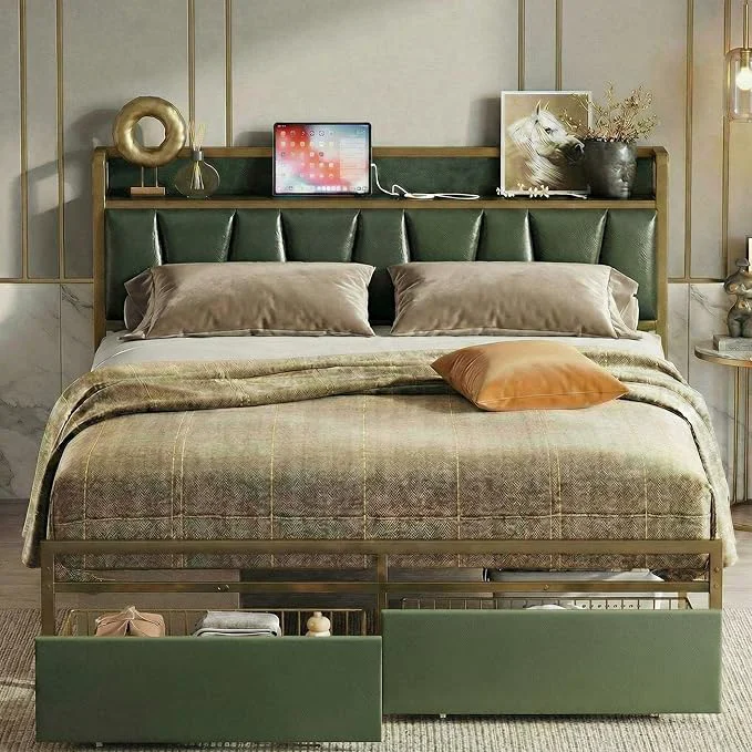 Lightweight LIKIMIO Queen Bed Frame Storage Headboard with Charging Station Platform Bed with Drawers No Box Spring Needed Easy Assembly Dark Green Pure