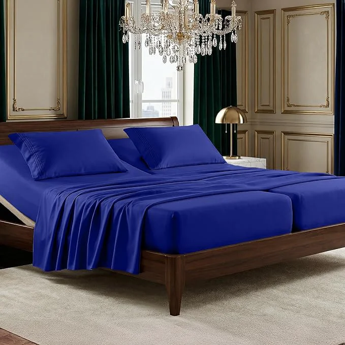 Fashionable Elegant Comfort Luxurious 1500 Premium Hotel Quality Microfiber Three Line Embroidered Softest 5-Piece Bed Sheet Set Wrinkle and Fade Resistant Split King Royal Blue Effective