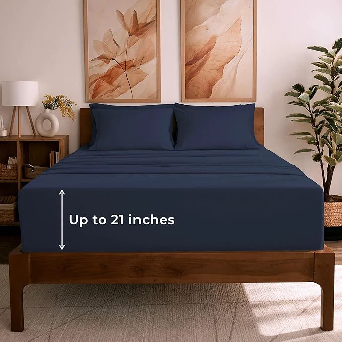 Premium Material Mellanni Full Sheet Set – 6-Piece Iconic Collection Bedding Including 4 Pillowcases 21-Inch Extra Deep Pocket Easy Care Ultra Soft Cooling Sheets Brushed Microfiber – Navy Blue Genuine