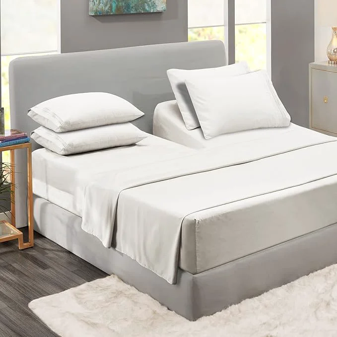Exclusive Clara Clark Flex Top King Sheets 6 Piece Set – Hotel Luxury Sheets for Top Split King Bed Super Soft Bedding Set Head Split King White World-Class