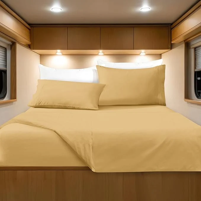 Elite Elegant Comfort Luxurious 1500 Premium Hotel Quality Microfiber Three Line Embroidered Softest 4-Piece Bed Sheet Set Wrinkle and Fade Resistant RV Short Queen Gold Minimalist