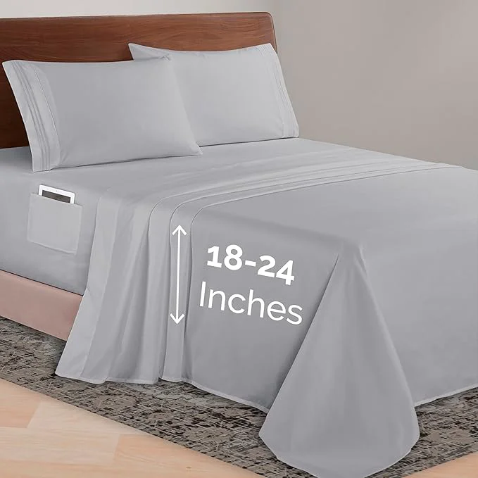 Premium Material Elegant Comfort Luxurious 1500 Premium Hotel Quality Microfiber 4-Piece Sheet Set 18-24 Inches Deep – Extra Deep Pocket Sheets – Ultra Soft 4PC Deep Pocket Sheets Queen Silver Gray Exceptional