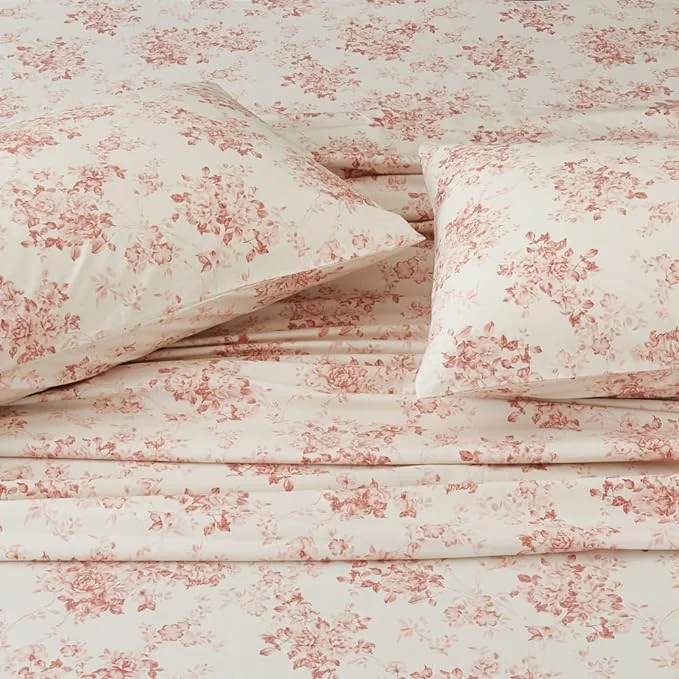 Luxury DAUAOTO Cotton Sheets Set California King Printed Bedding Sets Toile Red Floral Pattern Bedlinen for Cal King Mattress Up to 14 quot Deep Pale Red User-Friendly
