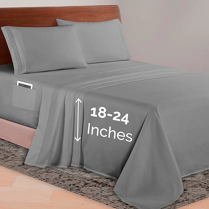 Lightweight Elegant Comfort Luxurious 1500 Premium Hotel Quality Microfiber 4-Piece Sheet Set 18-24 Inches Deep – Extra Deep Pocket Sheets – Ultra Soft 4PC Deep Pocket Sheets California King Gray Refined