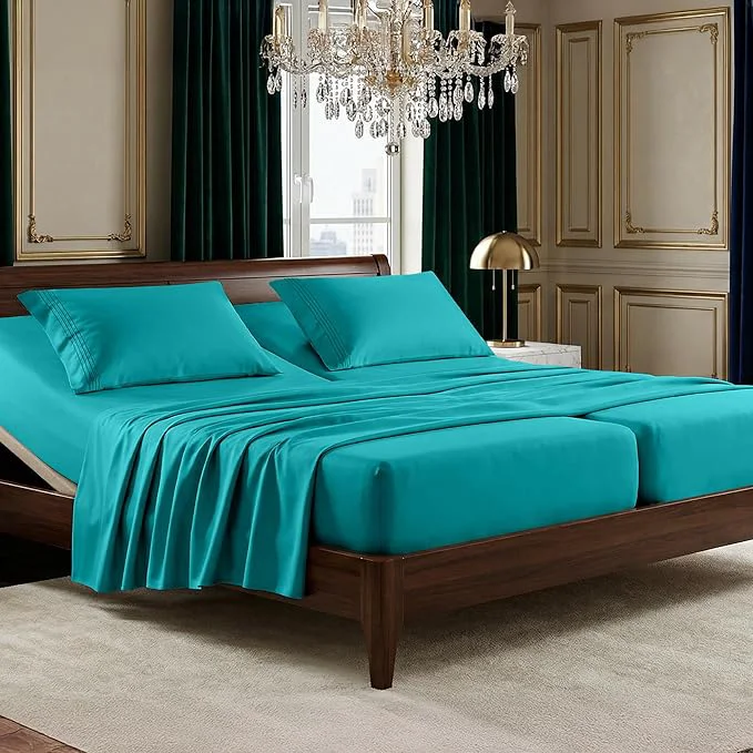 Contemporary Elegant Comfort Luxurious 1500 Premium Hotel Quality Microfiber Three Line Embroidered Softest 5-Piece Bed Sheet Set Wrinkle And Fade Resistant Split King Turquoise Prestigious