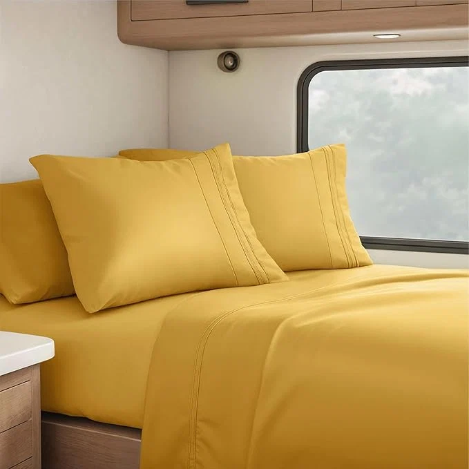 Clara Clark RV Queen Sheets 6 Piece RV Sheets Set – Hotel Luxury Sheets for RV Bunks Super Soft Bedding Set Short Queen Camel Gold Smooth