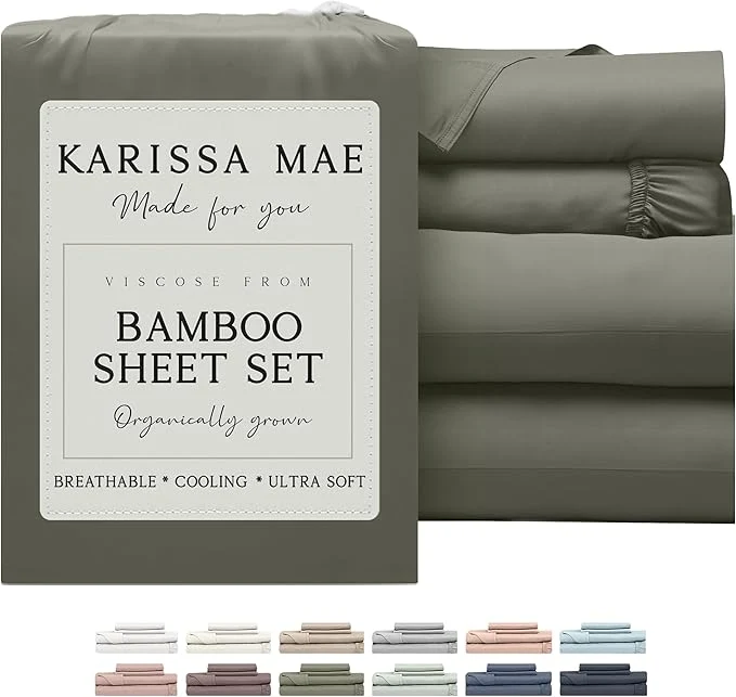Detailed KARISSA MAE Cooling Bamboo Viscose 34 quot Split Top King Sheet Set FSC 18 Deep Pocket Silky Soft amp Hypoallergenic with Organizer Band amp Elastic Corner Straps Cypress Green First-Class