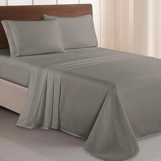 Authentic Elegant Comfort Luxurious 1500 Premium Hotel Quality Microfiber Three Line Embroidered Softest 4-Piece Bed Sheet Set Wrinkle and Fade Resistant Twin Twin XL Gray Casual