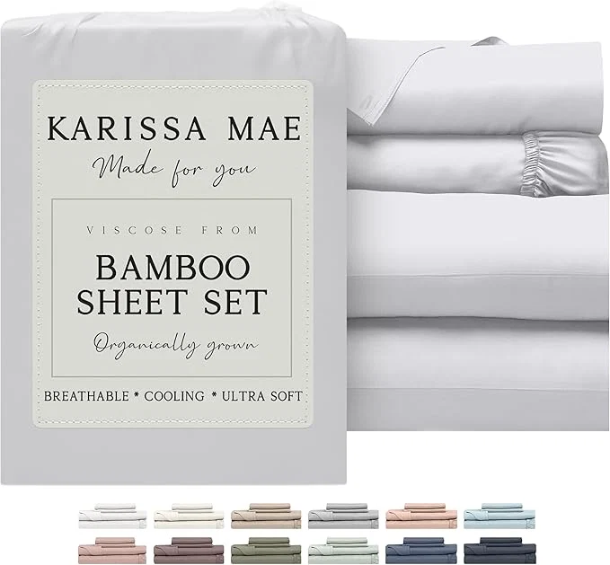 Environmentally Friendly KARISSA MAE Cooling Bamboo Viscose Queen Sheet Set FSC 18 Deep Pocket Silky Soft amp Hypoallergenic with Organizer Band amp Elastic Corner Straps White Pure
