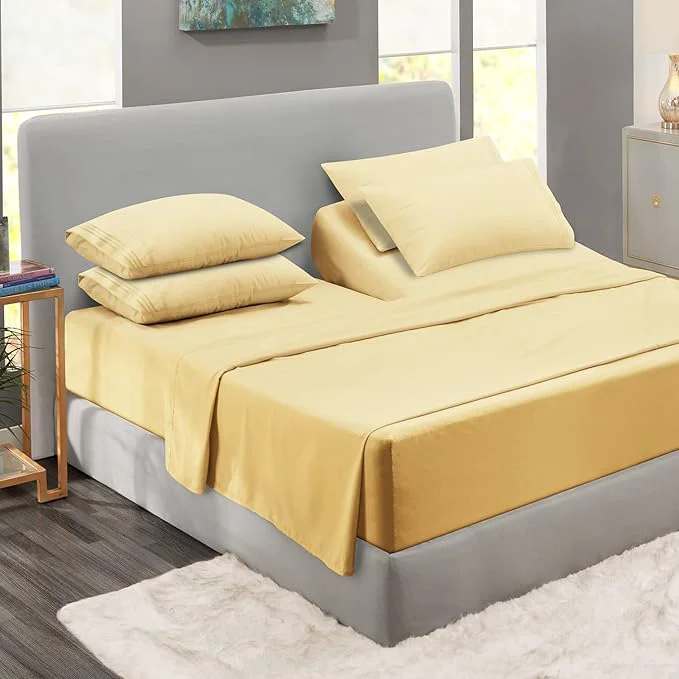 Efficient Clara Clark Flex Top King Sheets 6 Piece Set – Hotel Luxury Sheets for Top Split King Bed Super Soft Bedding Set Head Split King Mellow Yellow Trendy