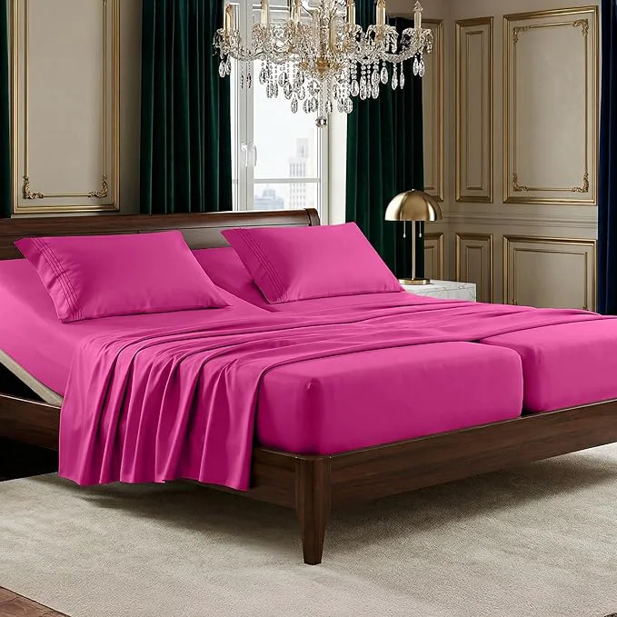 Traditional Elegant Comfort Luxurious 1500 Premium Hotel Quality Microfiber Three Line Embroidered Softest 5-Piece Bed Sheet Set Wrinkle and Fade Resistant Split King Pink Outstanding