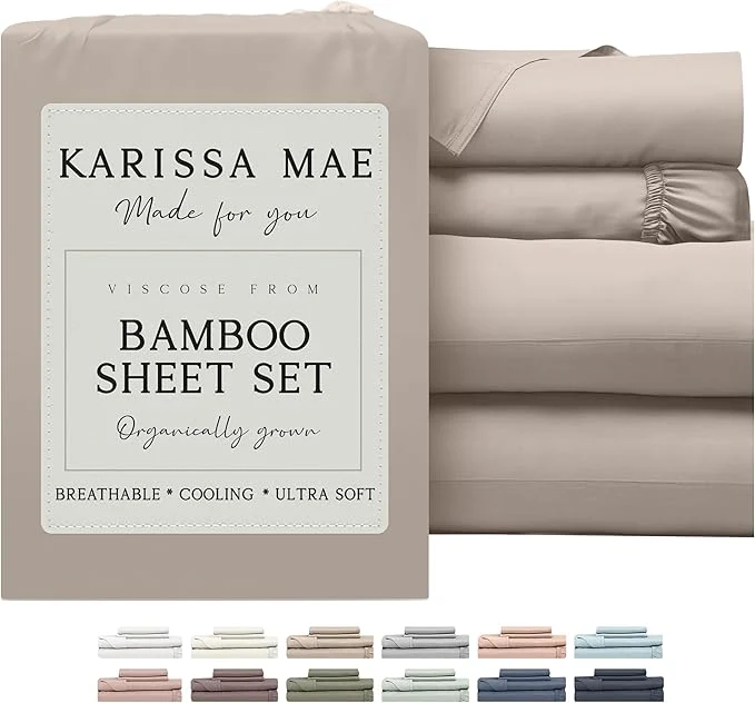 Clean KARISSA MAE Cooling Bamboo Viscose 34 quot Split Top King Sheet Set FSC 18 Deep Pocket Silky Soft amp Hypoallergenic with Organizer Band amp Elastic Corner Straps Dune Outstanding