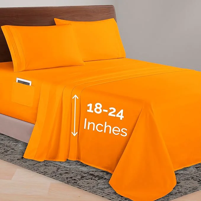 Fashionable Elegant Comfort Luxurious 1500 Premium Hotel Quality Microfiber 4-Piece Sheet Set 18-24 Inches Deep – Extra Deep Pocket Sheets – Ultra Soft 4PC Deep Pocket Sheets California King Orange Clean