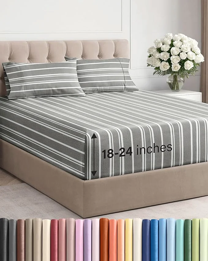 Recyclable Extra Deep Twin XL Sheet Set – 4 Piece Breathable and Cooling Sheets – Hotel Luxury Bedding for Women Men Kids amp Teens – Easy Secure Fit – Soft amp Wrinkle with Extra Deep Pockets – Grey Stripes Clean
