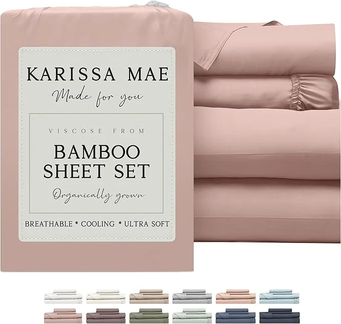 Solid KARISSA MAE Cooling Bamboo Viscose Cal King Sheet Set FSC 18 Deep Pocket Silky Soft amp Hypoallergenic with Organizer Band amp Elastic Corner Straps Dusty Rose High-Grade