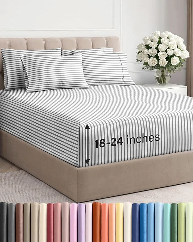 Sophisticated Extra Deep Cal King Sheet Set – 6 Piece Breathable and Cooling Sheets – Hotel Luxury Bedding for Women Men Kids amp Teens – Easy Secure Fit – Soft amp Wrinkle – Extra Deep Pockets – Grey Stripes Classic